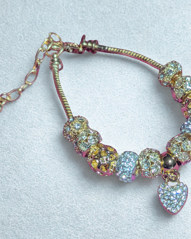 Sparkly Gold-Tone European Charm Bracelet with Pavé Crystal Beads & Heart Dangle Charm