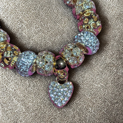 Sparkly Gold-Tone European Charm Bracelet with Pavé Crystal Beads & Heart Dangle Charm