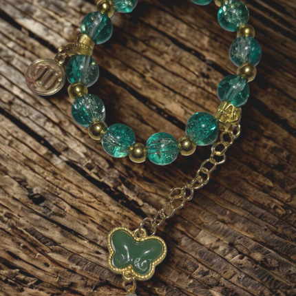 Teal Crackle Glass Butterfly Charm Bracelet with Virgo Charm & Pearl Drop (Gold-Tone)