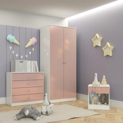 Denver Trio Bedroom Wardrobe Set Pink/White Gloss