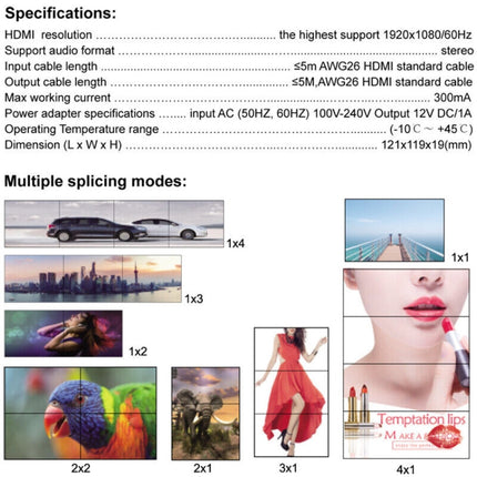 1080P 2 x 2 HDMI + DVI to 4 HDMI Ports Video Wall Controller(Black)