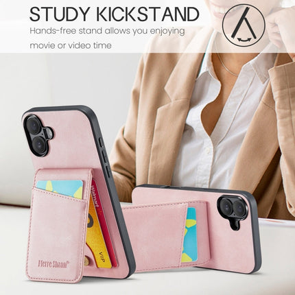 For iPhone 16 Fierre Shann Crazy Horse Card Holder Back Cover PU Phone Case(Pink)
