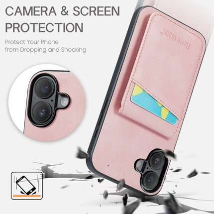 For iPhone 16 Fierre Shann Crazy Horse Card Holder Back Cover PU Phone Case(Pink)