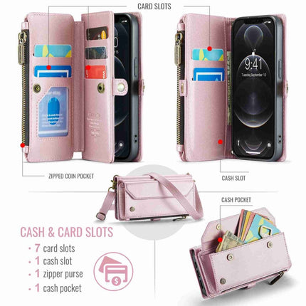 For iPhone 12 Pro Max CaseMe C36 Card Slots Zipper Wallet RFID Anti-theft Leather Phone Case(Pink)