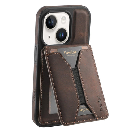 For iPhone 15 Denior D18 Skin Feel Rotating Holder MagSafe Detachable Card Slot Phone Case(Brown)