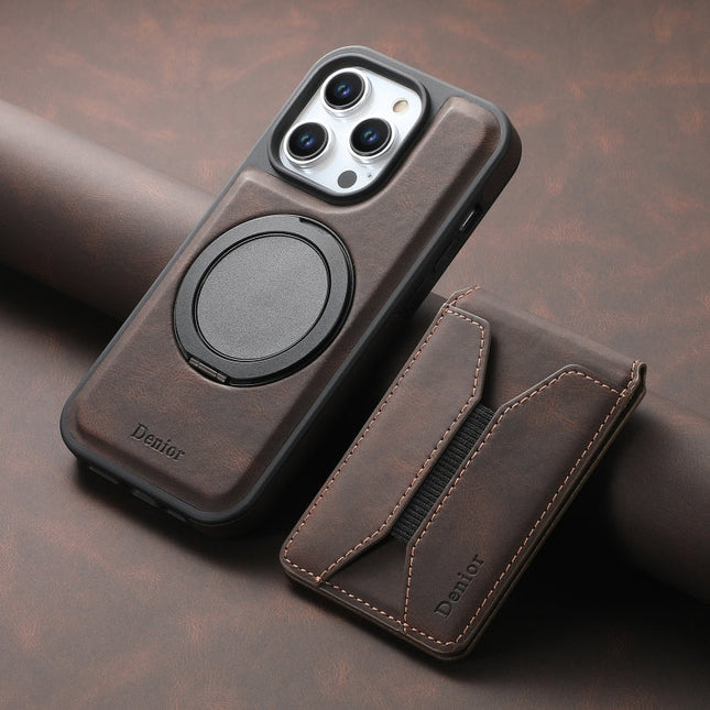 For iPhone 15 Denior D18 Skin Feel Rotating Holder MagSafe Detachable Card Slot Phone Case(Brown)