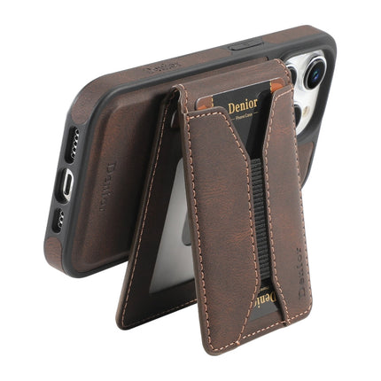 For iPhone 15 Denior D18 Skin Feel Rotating Holder MagSafe Detachable Card Slot Phone Case(Brown)