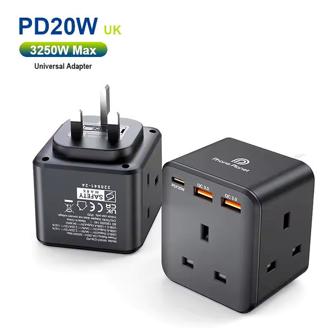 Phone Planet PD20W Universal Adaptor with USB-C and USB-A sockets | UK plug