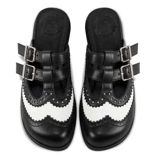 Chocolaticas® Havana Clogs – Gothic Black & White Brogue Vegan Slip-Ons