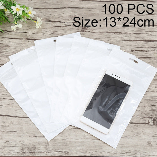 100 PCS 13cm x 24cm Hang Hole Clear Front White Pearl Jewelry Zip Lock Packaging Bag, Custom Printing and Size are welcome, 13*24cm