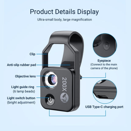 APEXEL™ APL-MS002BK 200X HD Universal Portable Mobile Phone Microscope with LED Light (Black)