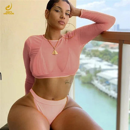 Three-Piece Plus Size Swimwear Set with Long-Sleeve Cover-Up