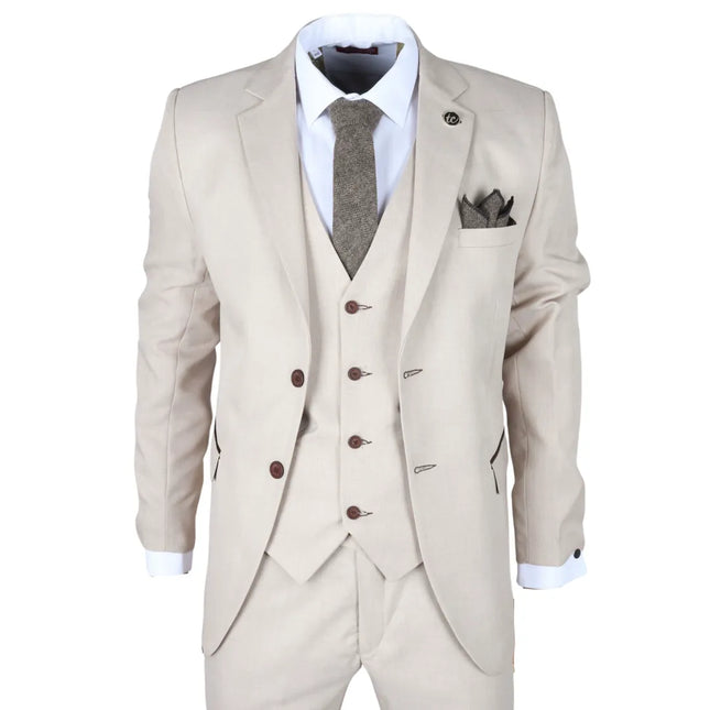 IM04 - Men's Beige 3 Piece Tailored Fit Wedding Suit