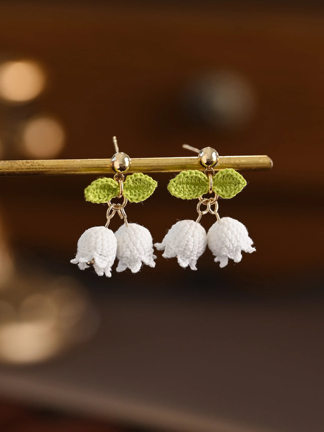Lily of the Valley Fairy Bell Micro Crochet Earrings – Delicate White, Pink & Blue Blossoms