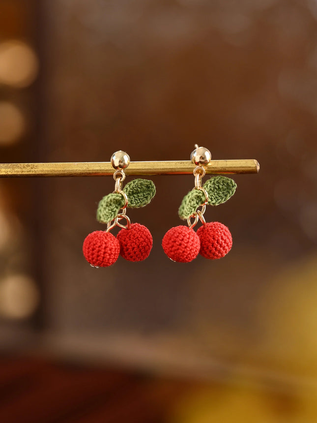 Small Cherries with leaves Cherry Micro Crochet Earrings