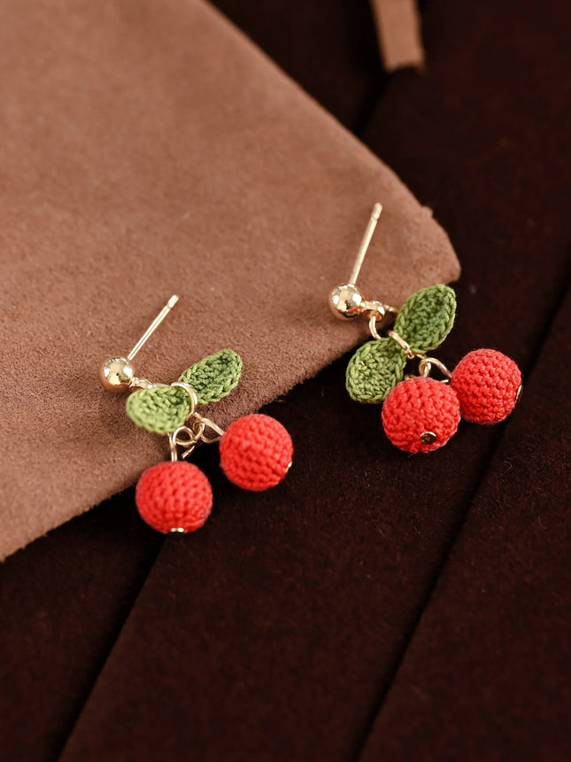 Small Cherries with leaves Cherry Micro Crochet Earrings