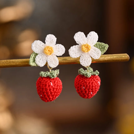 Sweet Strawberry Bloom Micro Crochet Earrings