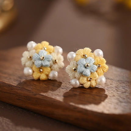 Blooming Puff Flower Pearl Micro Crochet Earrings – Handmade Colourful Floral Studs