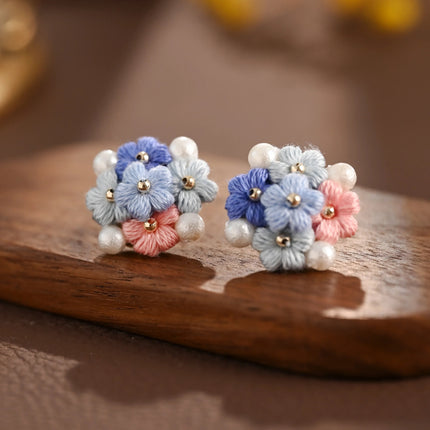 Blooming Puff Flower Pearl Micro Crochet Earrings – Handmade Colourful Floral Studs