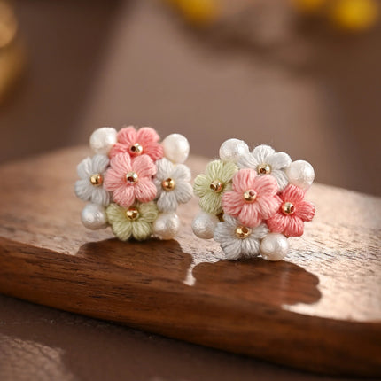 Blooming Puff Flower Pearl Micro Crochet Earrings – Handmade Colourful Floral Studs