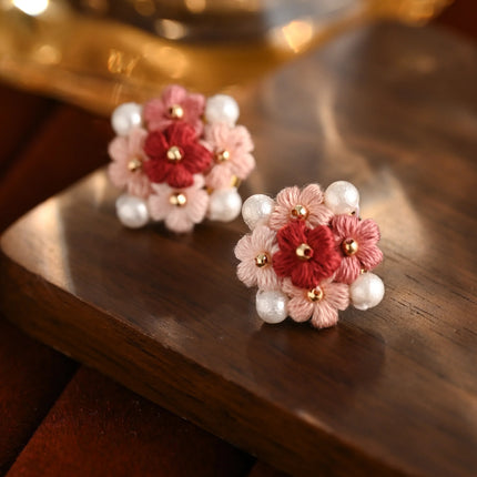 Blooming Puff Flower Pearl Micro Crochet Earrings – Handmade Colourful Floral Studs
