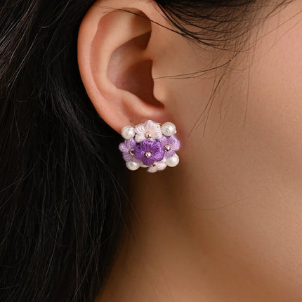 Blooming Puff Flower Pearl Micro Crochet Earrings – Handmade Colourful Floral Studs