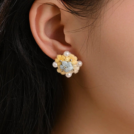 Blooming Puff Flower Pearl Micro Crochet Earrings – Handmade Colourful Floral Studs