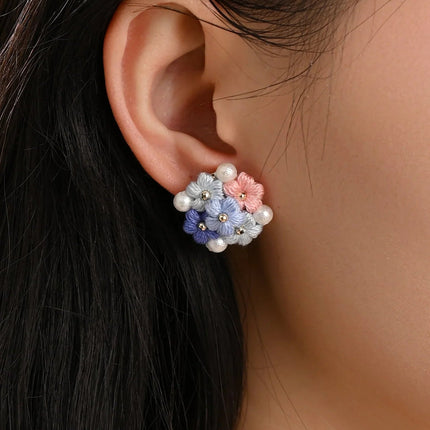 Blooming Puff Flower Pearl Micro Crochet Earrings – Handmade Colourful Floral Studs