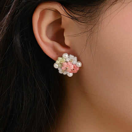 Blooming Puff Flower Pearl Micro Crochet Earrings – Handmade Colourful Floral Studs