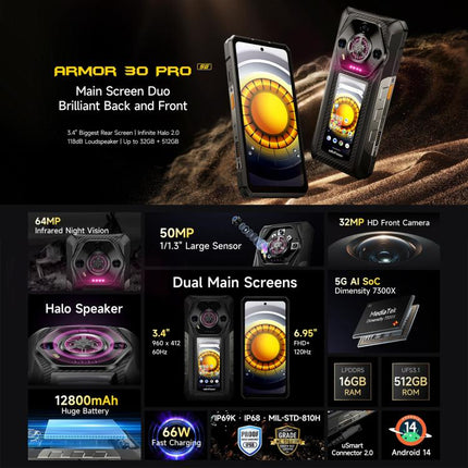 Ulefone Armor 30 Pro Rugged Phone, 16GB+512GB, Night Vision, 6.95 inch + 3.4 inch Dual Screen Android 14 MediaTek Dimensity 7300X Octa Core, Network: 5G, OTG, NFC, Armor 30 Pro
