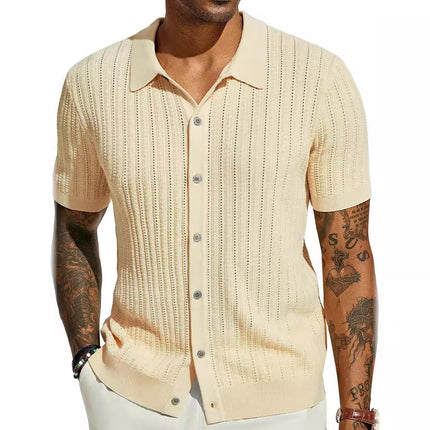 Summer Cool Knitted Men's Shirt Short Sleeved Lapel Solid Color