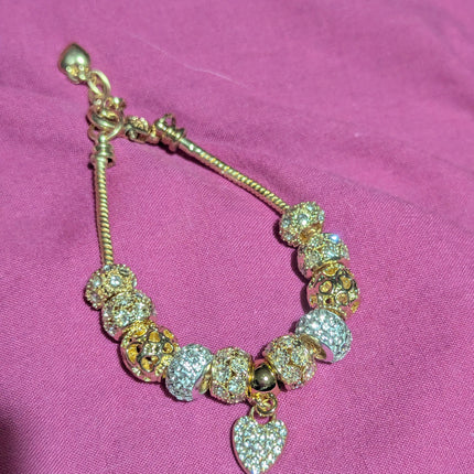 Sparkly Gold-Tone European Charm Bracelet with Pavé Crystal Beads & Heart Dangle Charm