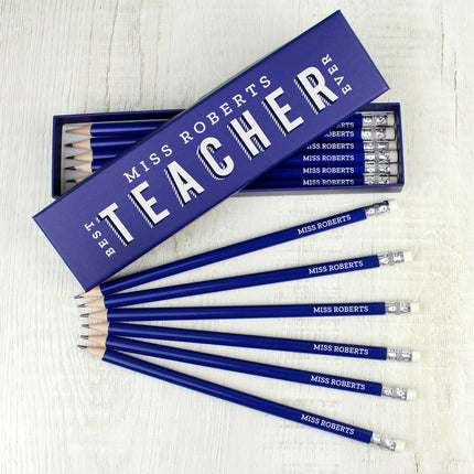 Personalised Best Teacher Ever Box And 12 Blue Hb Pencils