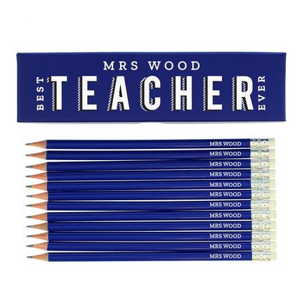 Personalised Best Teacher Ever Box And 12 Blue Hb Pencils