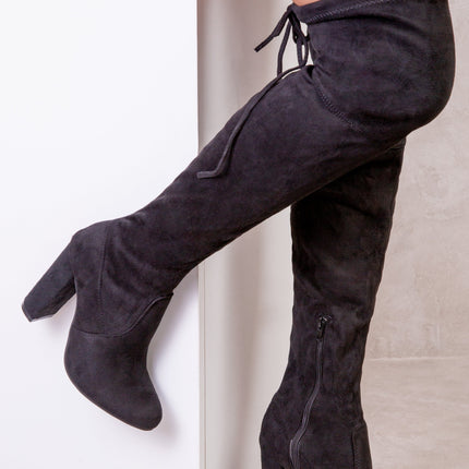 DIANE HIGH HEEL OVER THE KNEE BOOT WITH LACE UP DETAIL IN BLACK SUEDE