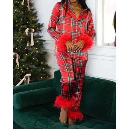 Women's Christmas Tree Plaid Satin Print Pajama Set