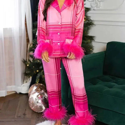 Women's Christmas Tree Plaid Satin Print Pajama Set