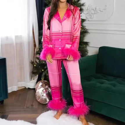 Women's Christmas Tree Plaid Satin Print Pajama Set