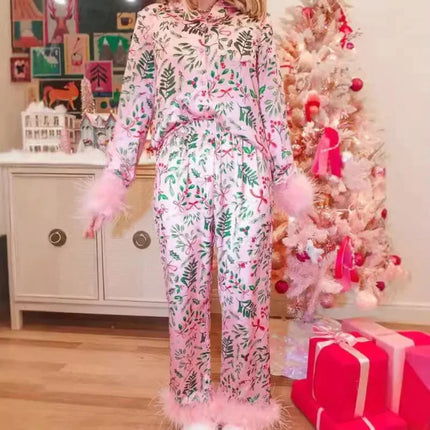 Women's Christmas Tree Plaid Satin Print Pajama Set