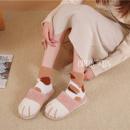 BEVERGREEN Winter Cute Cat Paw Designer House Women Fur Slippers Floor Mute Bedroom Lovers Warm Plush Shoes Indoor Fluffy Slides