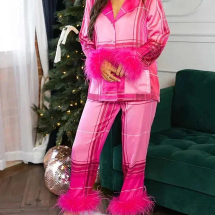 Women's Christmas Tree Plaid Satin Print Pajama Set