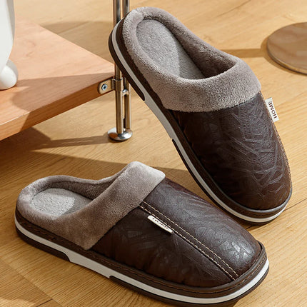Men's Big Size Winter slippers Indoor PU Leather Home Waterproof Fluffy Casual Slides Men Bedroom Comfy Shoes Houseshoes