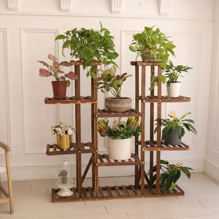 11 Tier Wood Plant Stand Carbonized High Widen Pot Display Shelf Holder Flower Shop Office Garden Indoor Outdoor Decor