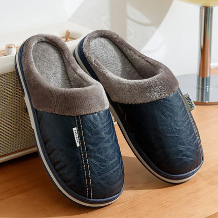 Big Size Winter Casual Men's Slippers Indoor Waterproof PU Leather Home Shoes Fur Flat Warm Fashion Bedroom Houseshoes