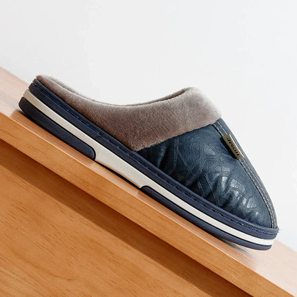 Big Size Winter Casual Men's Slippers Indoor Waterproof PU Leather Home Shoes Fur Flat Warm Fashion Bedroom Houseshoes
