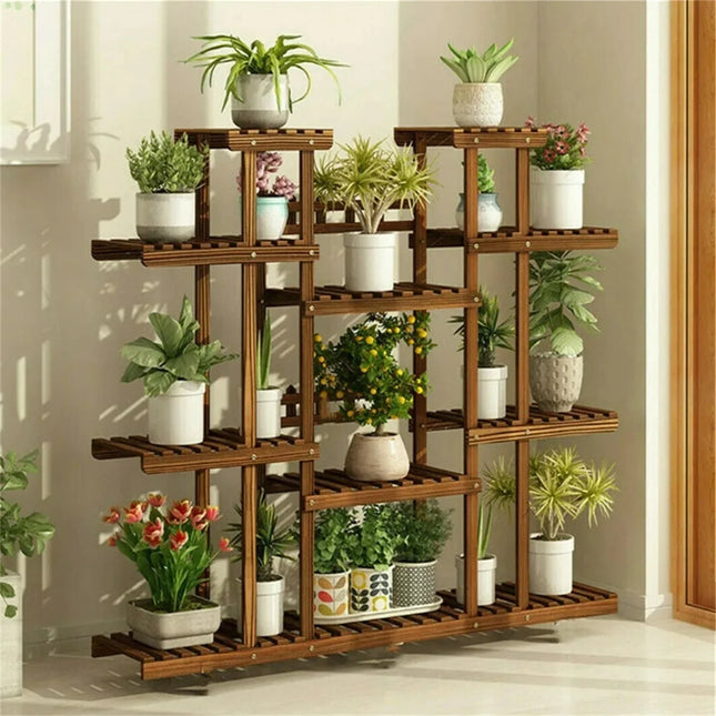 11 Tier Wood Plant Stand Carbonized High Widen Pot Display Shelf Holder Flower Shop Office Garden Indoor Outdoor Decor