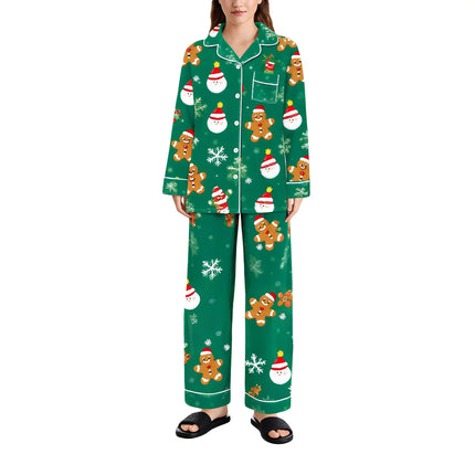 Women's Satin Pajama Set Santa Claus Print Long Sleeve Button up Shirt And Pants for Christmas Loungewear