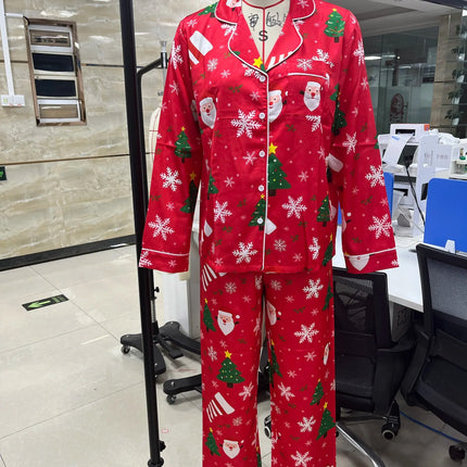 Women's Satin Pajama Set Santa Claus Print Long Sleeve Button up Shirt And Pants for Christmas Loungewear