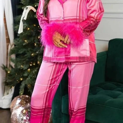 Women's Christmas Tree Plaid Satin Print Pajama Set