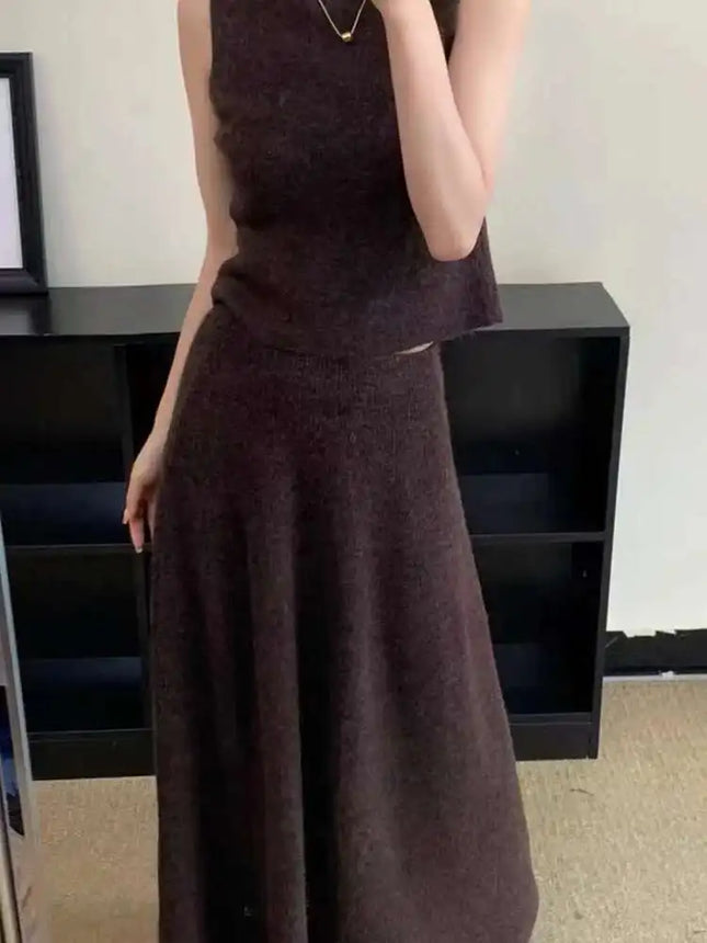 Elegant Knitted 3 Piece Set Women Long Cardigan Coat Sleeveless Vest High Waist A-line Long Skirt